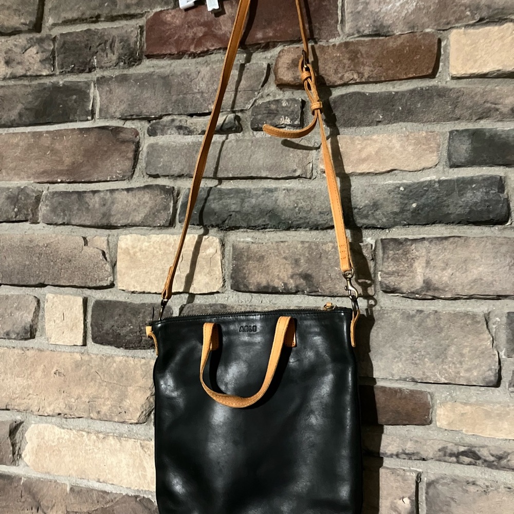 Able Black Leather Crossbody Tote with Tan Trim